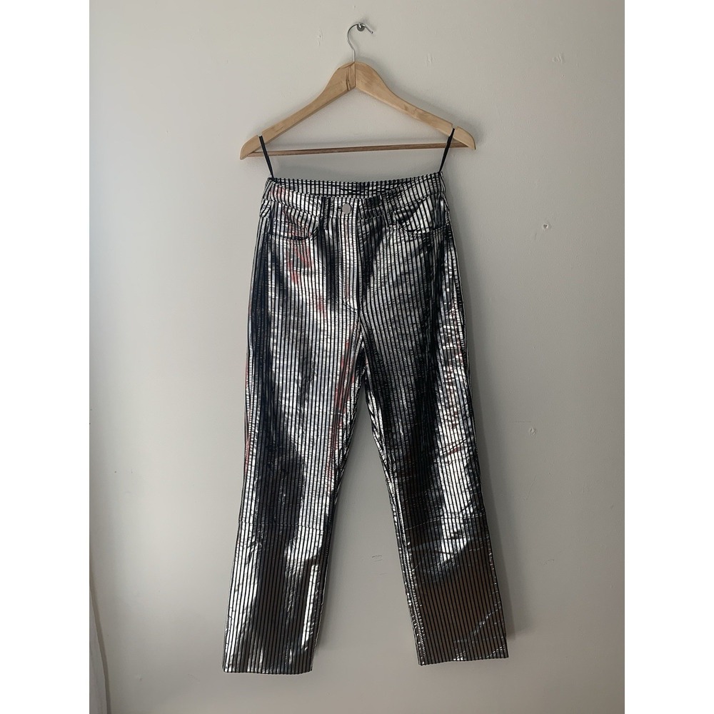 REMAIN Briger Christensen 100% Lamb Leather Straight Leg Pants Metallic Stripe 4